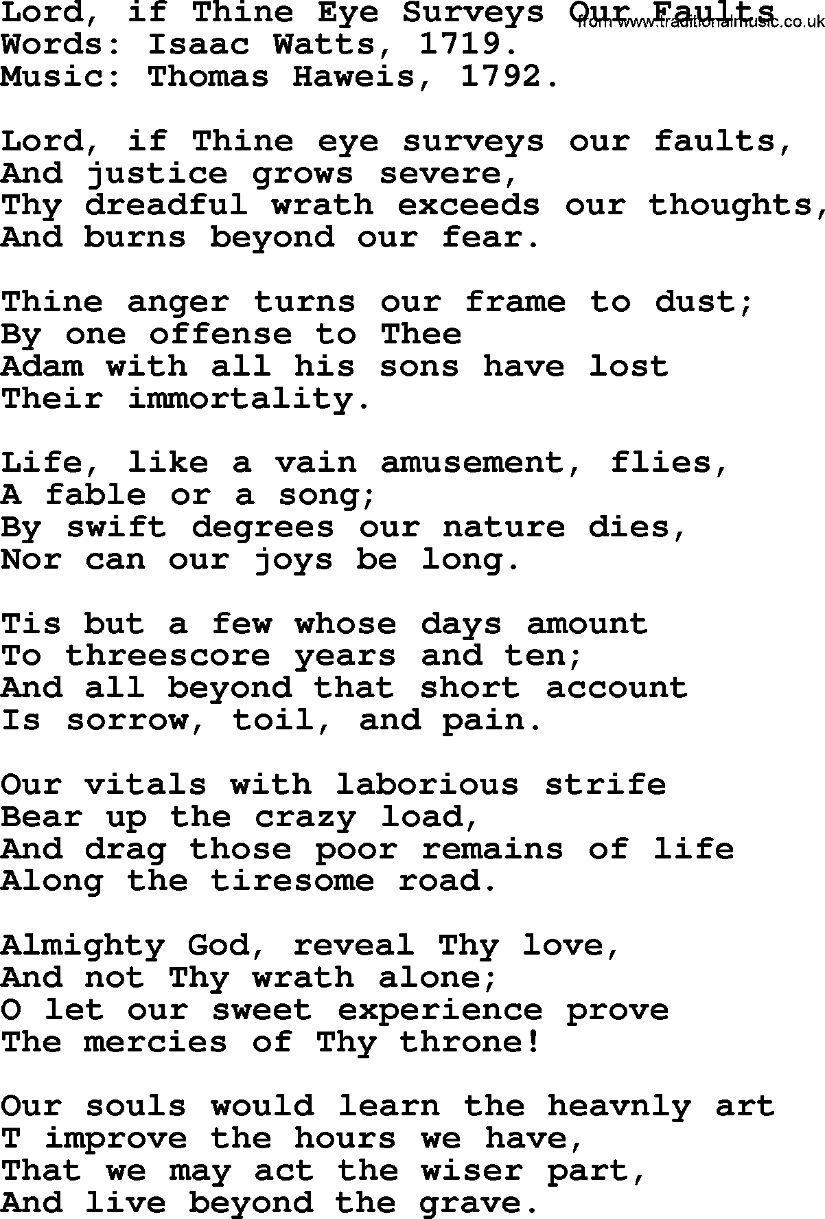 Isaac Watts Christian hymn: Lord, if Thine Eye Surveys Our Faults- lyricss