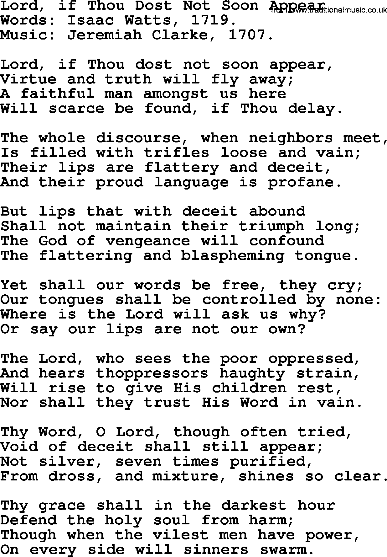 Isaac Watts Christian hymn: Lord, if Thou Dost Not Soon Appear- lyricss