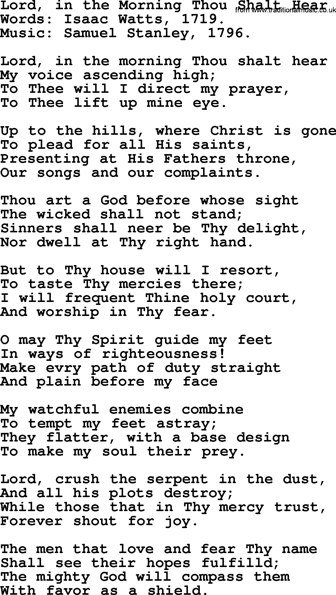 Isaac Watts Christian hymn: Lord, in the Morning Thou Shalt Hear- lyricss