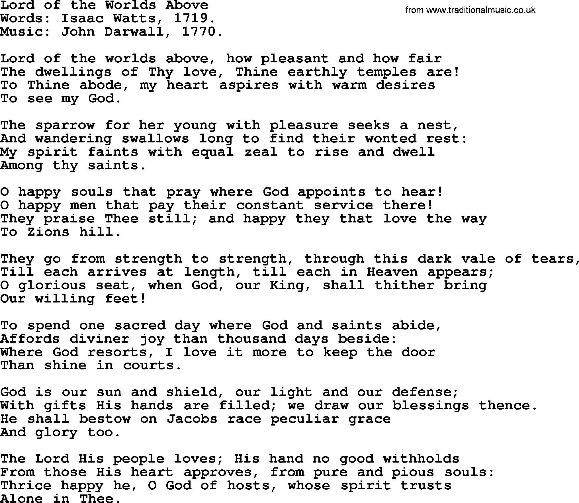 Isaac Watts Christian hymn: Lord of the Worlds Above- lyricss