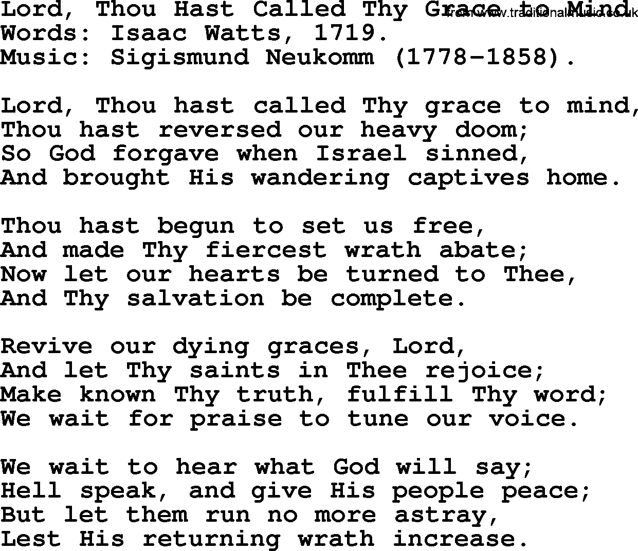 Isaac Watts Christian hymn: Lord, Thou Hast Called Thy Grace to Mind- lyricss