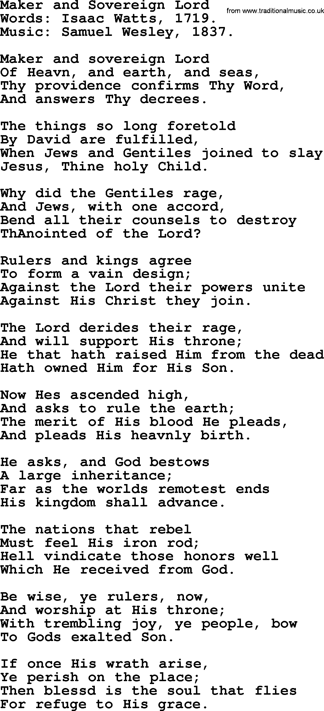 Isaac Watts Christian hymn: Maker and Sovereign Lord- lyricss