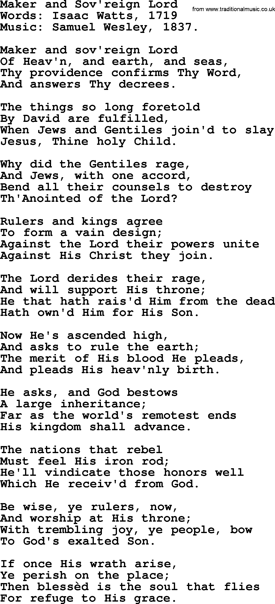 Isaac Watts Christian hymn: Maker and Sov'reign Lord- lyricss
