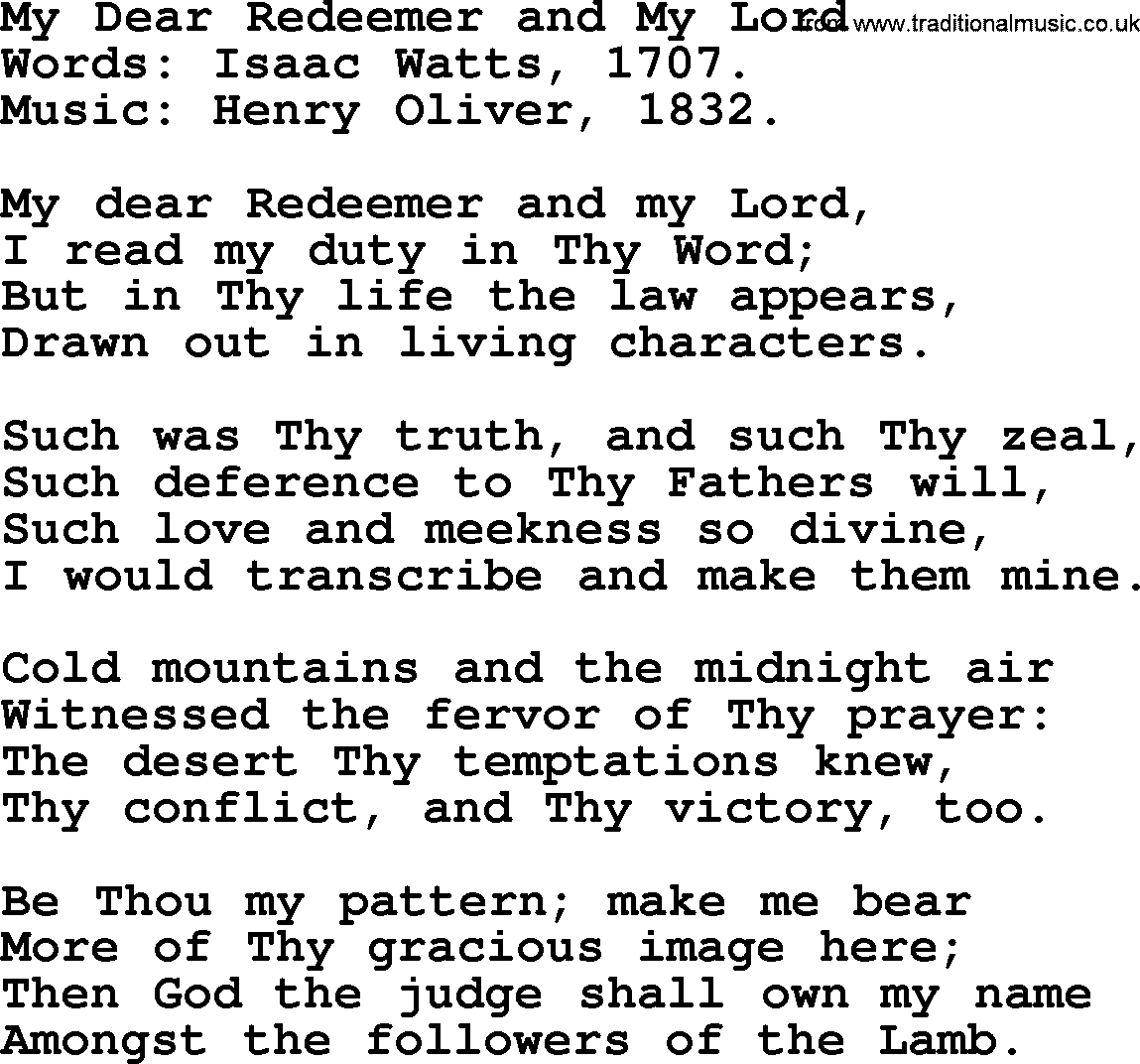 Isaac Watts Christian hymn: My Dear Redeemer and My Lord- lyricss