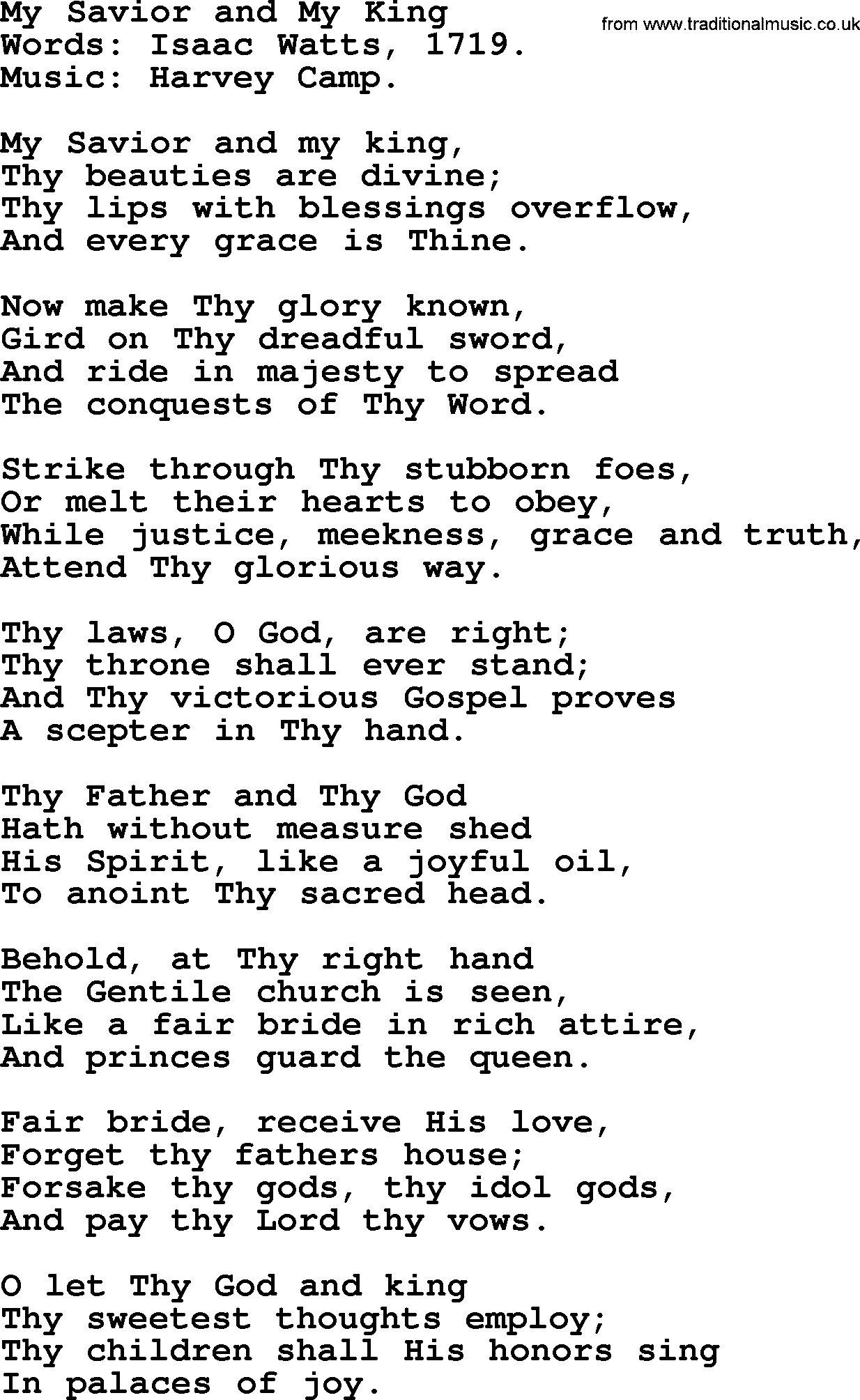 Isaac Watts Christian hymn: My Savior and My King- lyricss