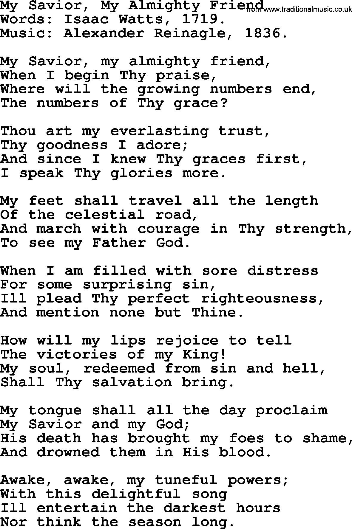 Isaac Watts Christian hymn: My Savior, My Almighty Friend- lyricss