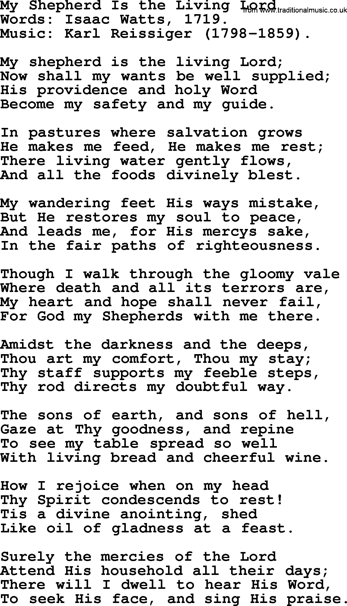 Isaac Watts Christian hymn: My Shepherd Is the Living Lord- lyricss