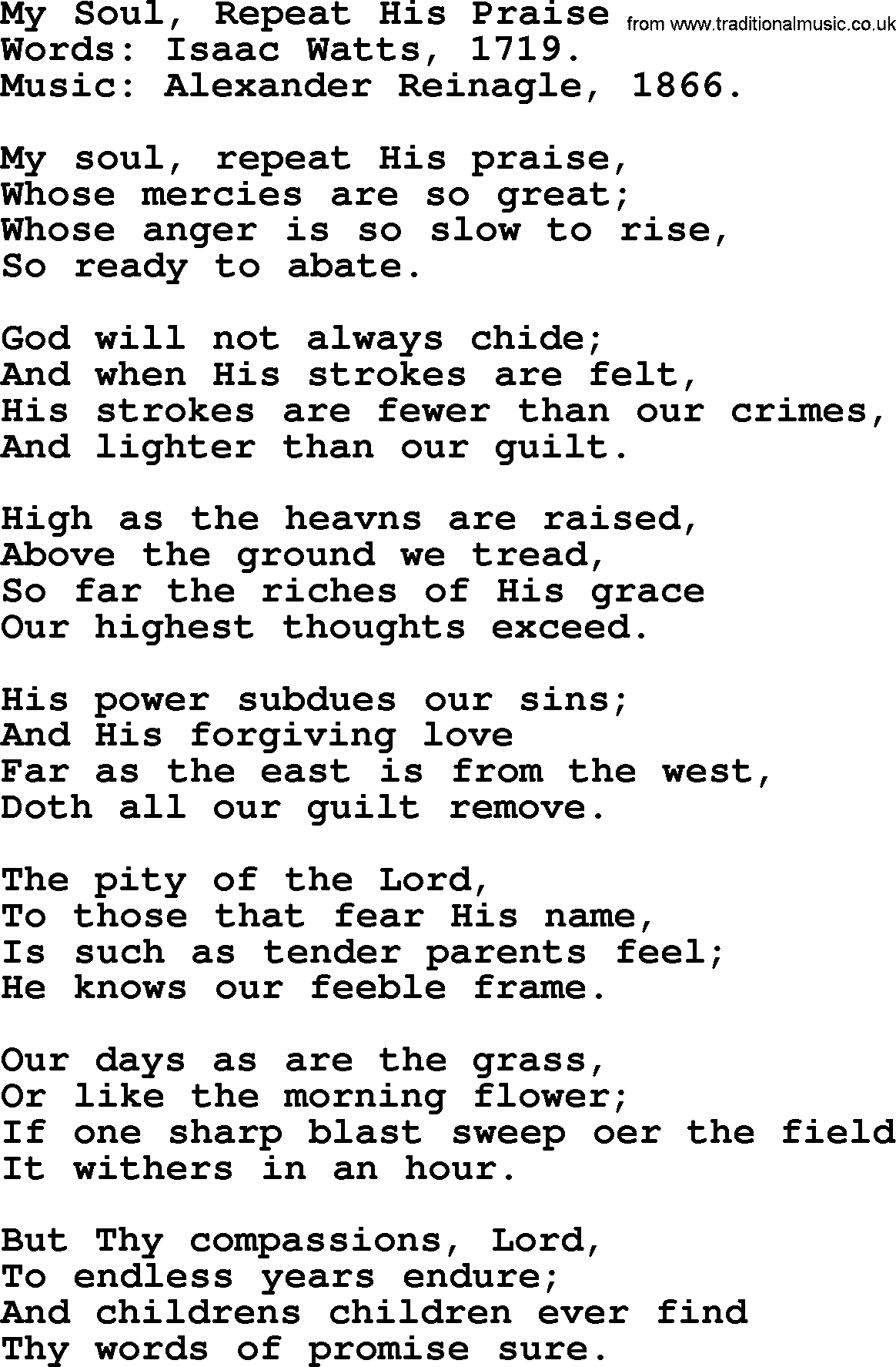 Isaac Watts Christian hymn: My Soul, Repeat His Praise- lyricss