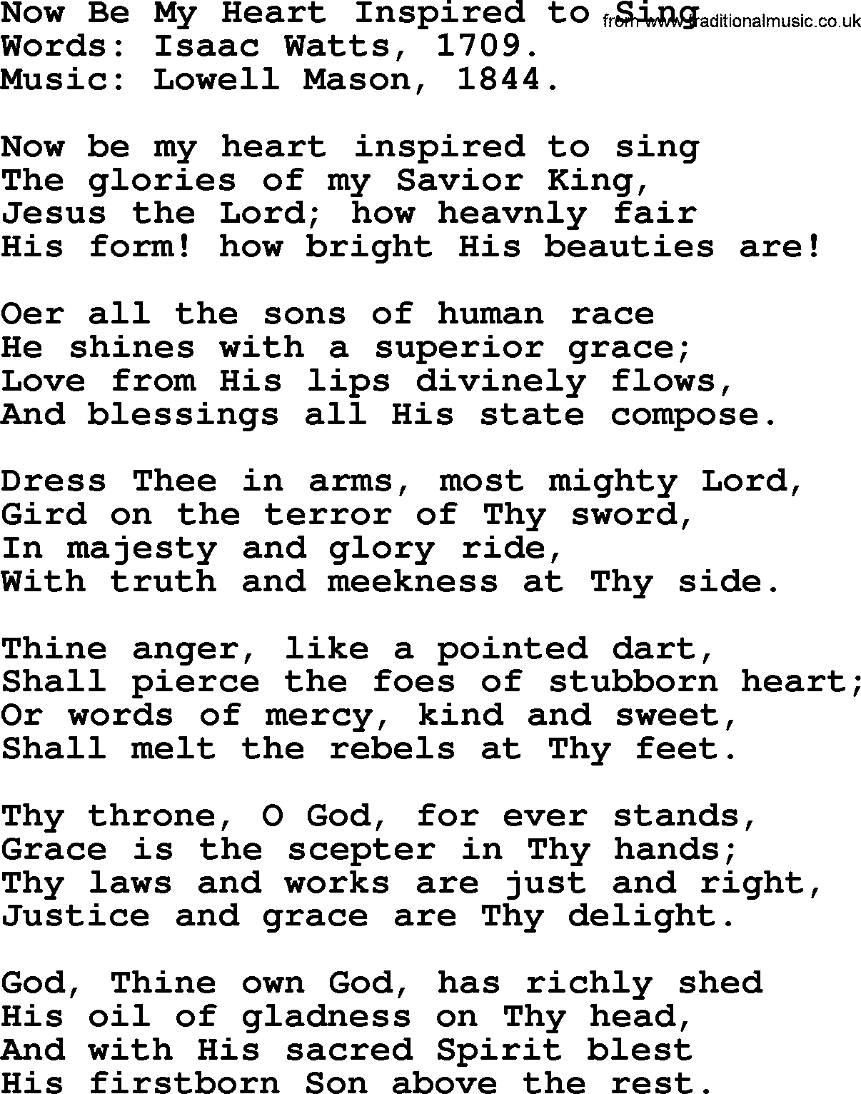 Isaac Watts Christian hymn: Now Be My Heart Inspired to Sing- lyricss