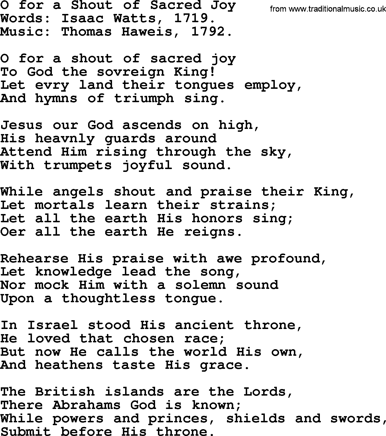 Isaac Watts Christian hymn: O for a Shout of Sacred Joy- lyricss