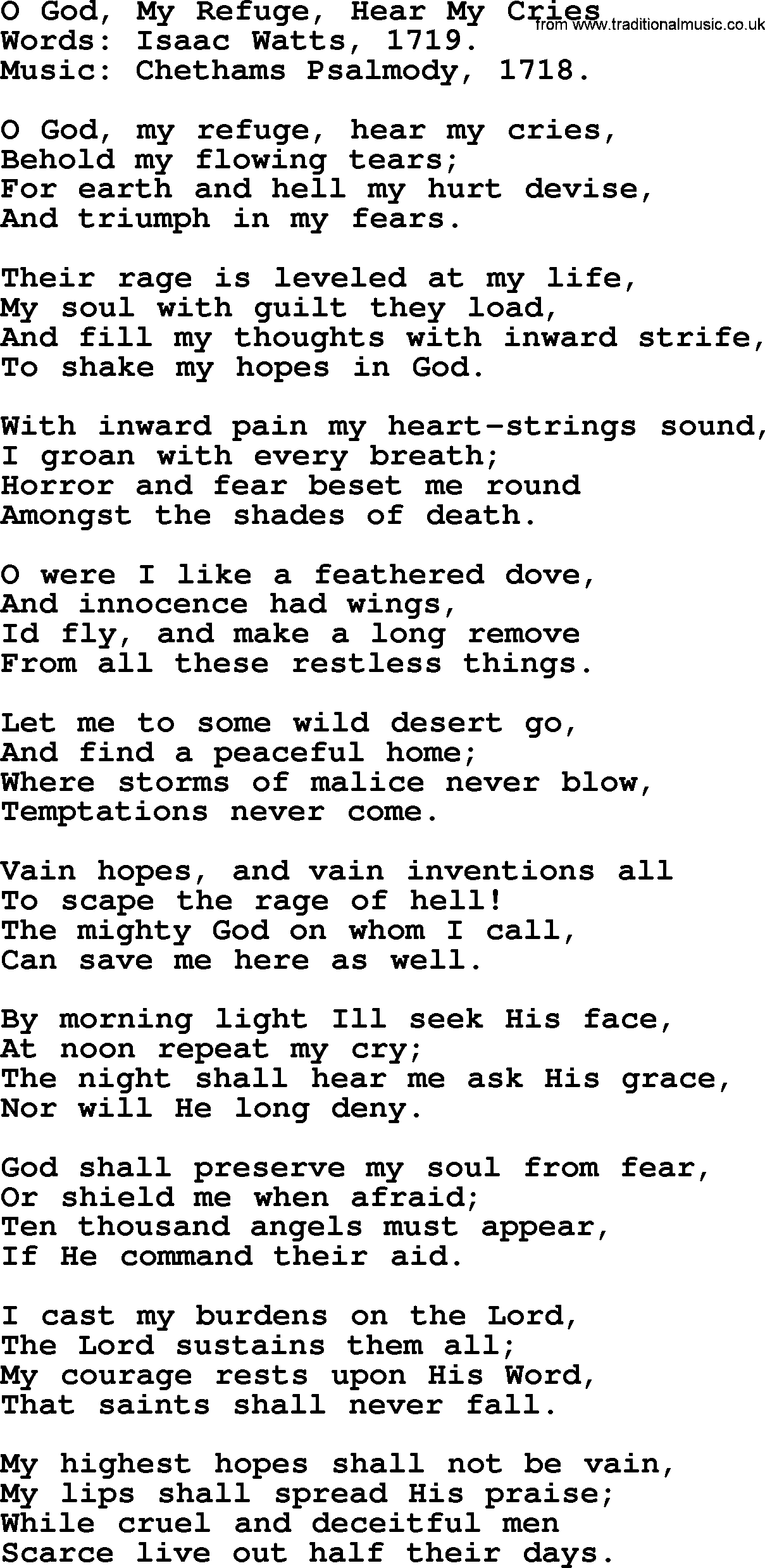 Isaac Watts Christian hymn: O God, My Refuge, Hear My Cries- lyricss