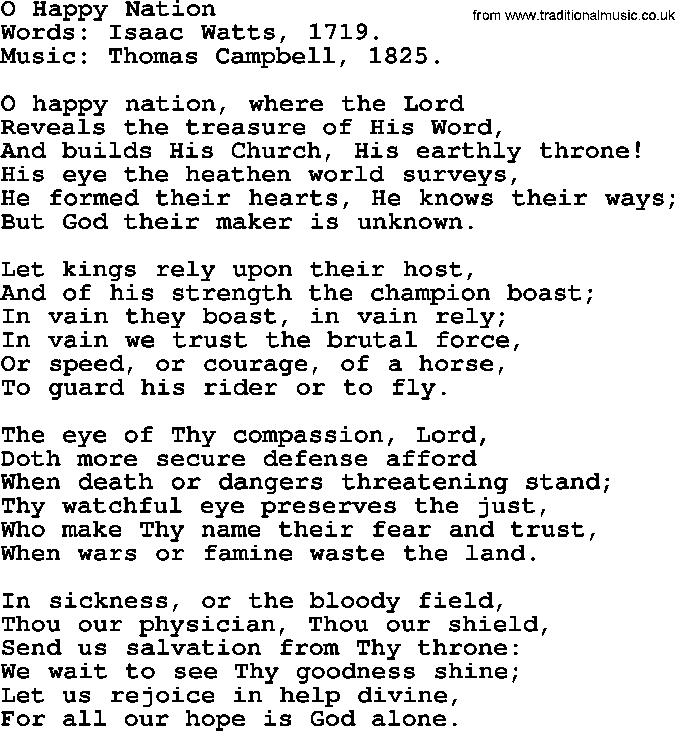 Isaac Watts Christian hymn: O Happy Nation- lyricss
