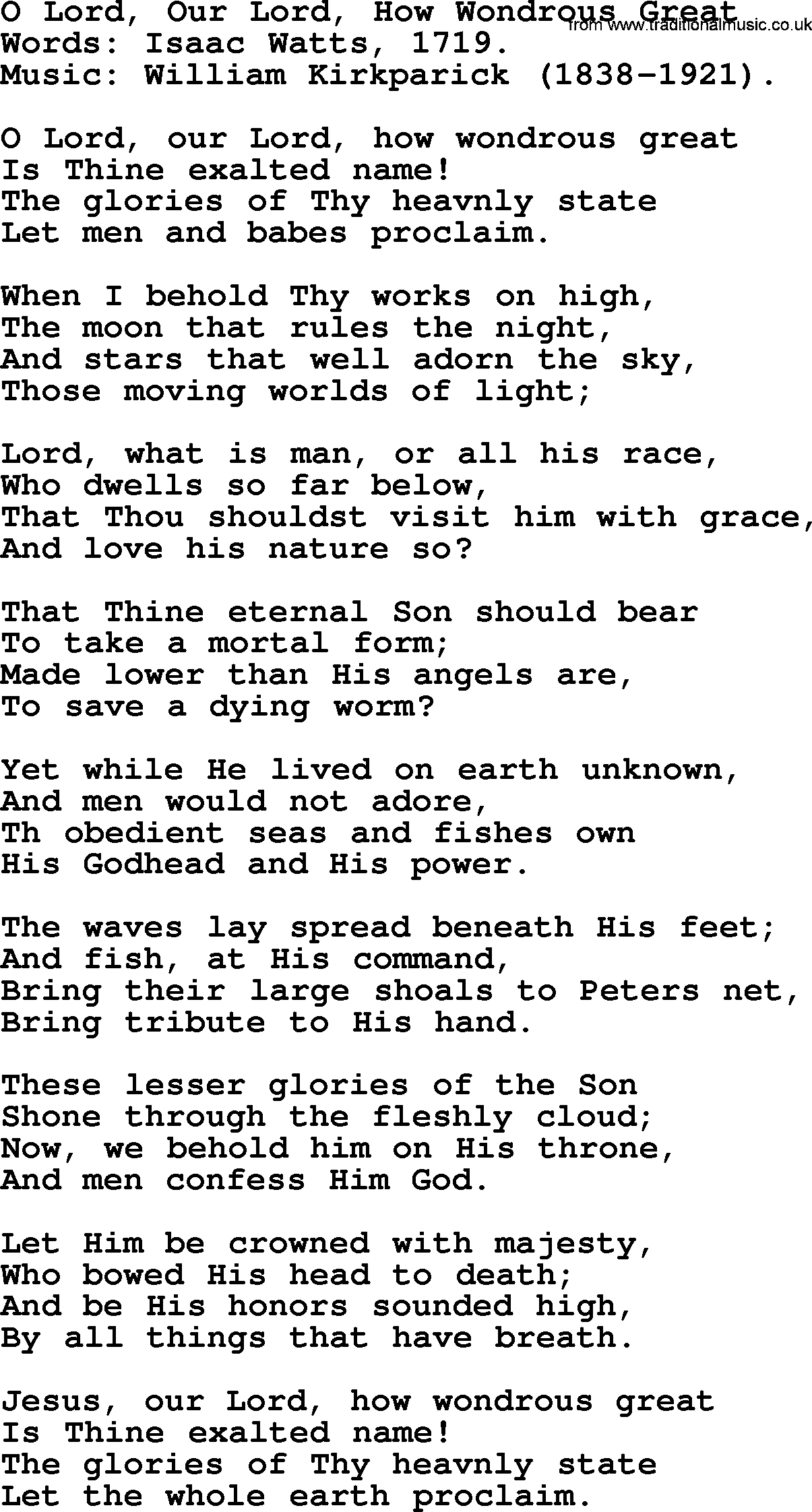 Isaac Watts Christian hymn: O Lord, Our Lord, How Wondrous Great- lyricss