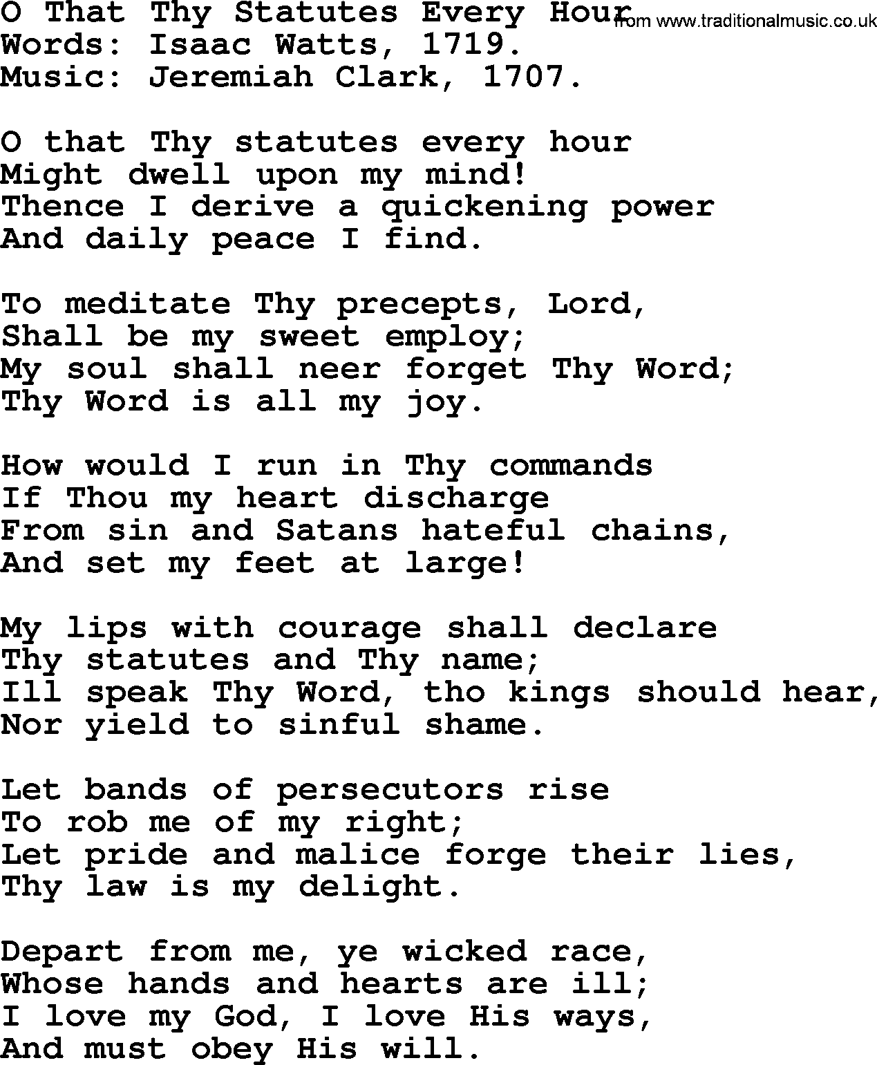 Isaac Watts Christian hymn: O That Thy Statutes Every Hour- lyricss