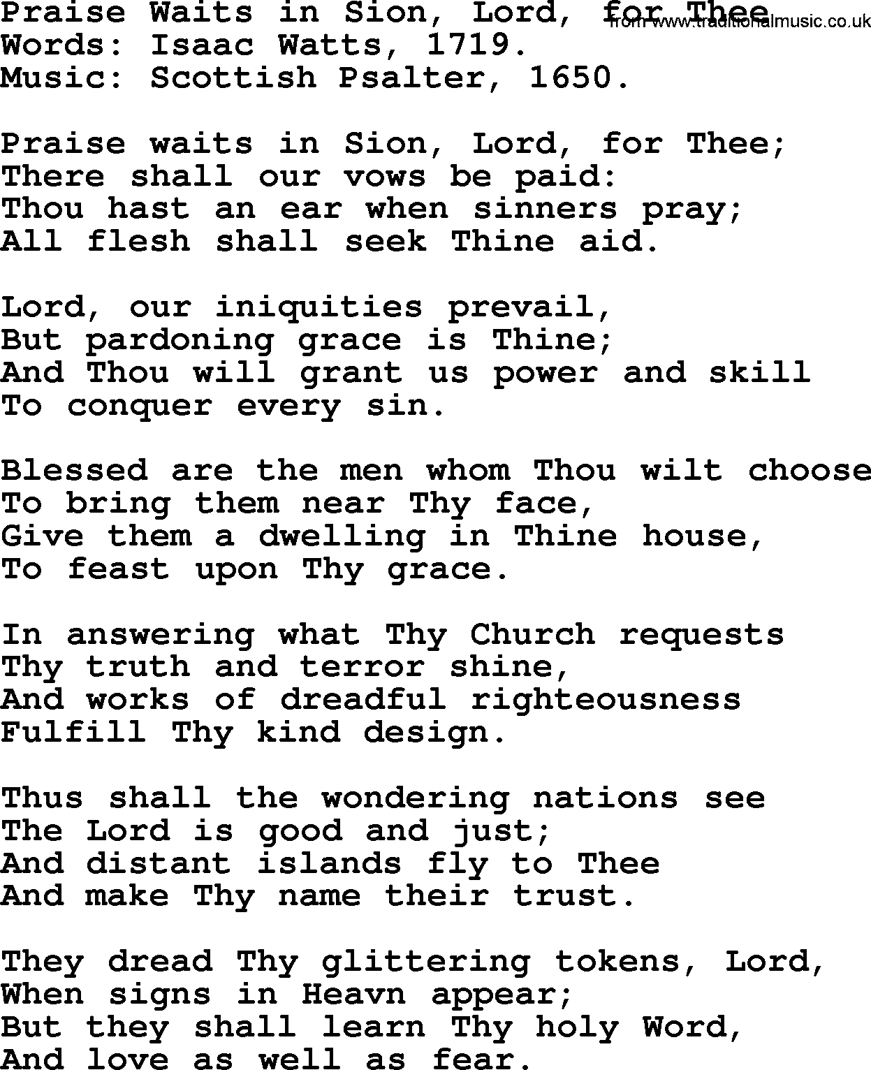 Isaac Watts Christian hymn: Praise Waits in Sion, Lord, for Thee- lyricss