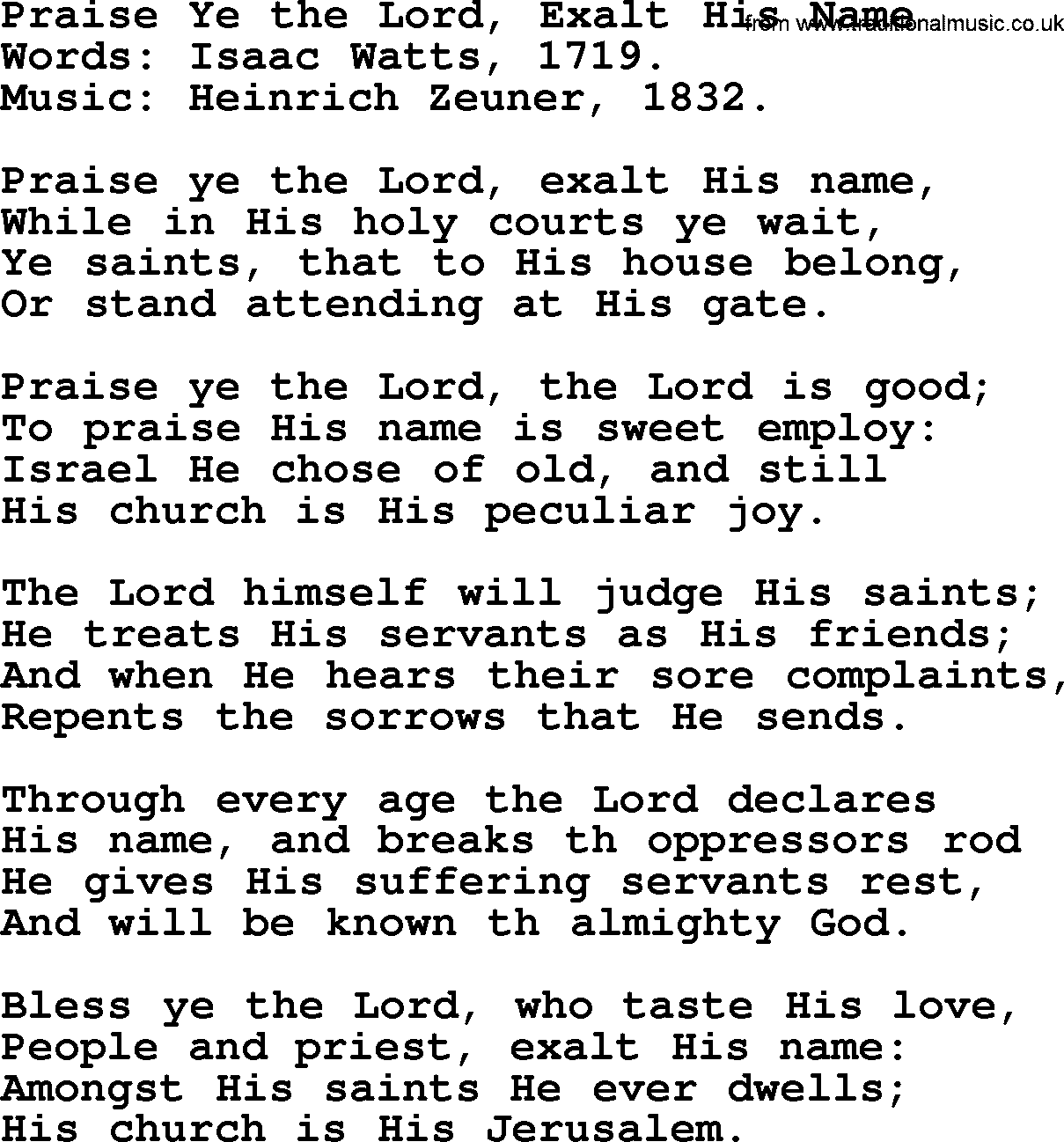 Isaac Watts Christian hymn: Praise Ye the Lord, Exalt His Name- lyricss