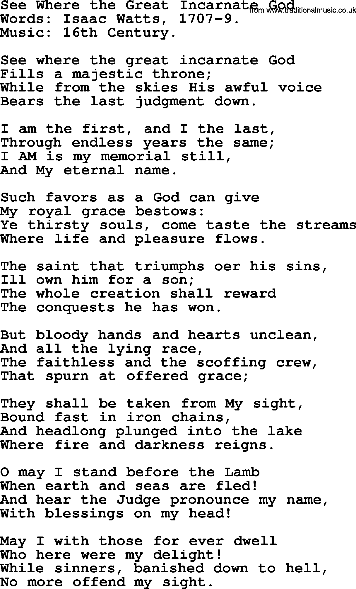 Isaac Watts Christian hymn: See Where the Great Incarnate God- lyricss