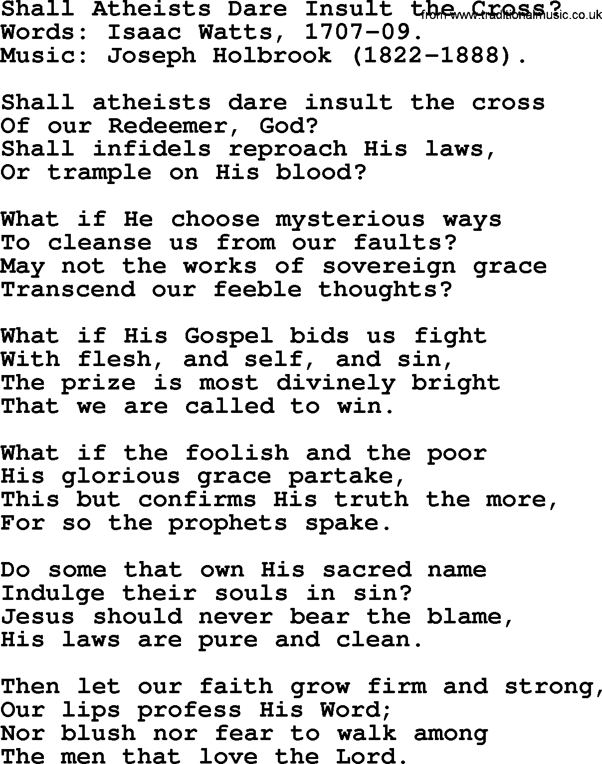 Isaac Watts Christian hymn: Shall Atheists Dare Insult the Cross_- lyricss