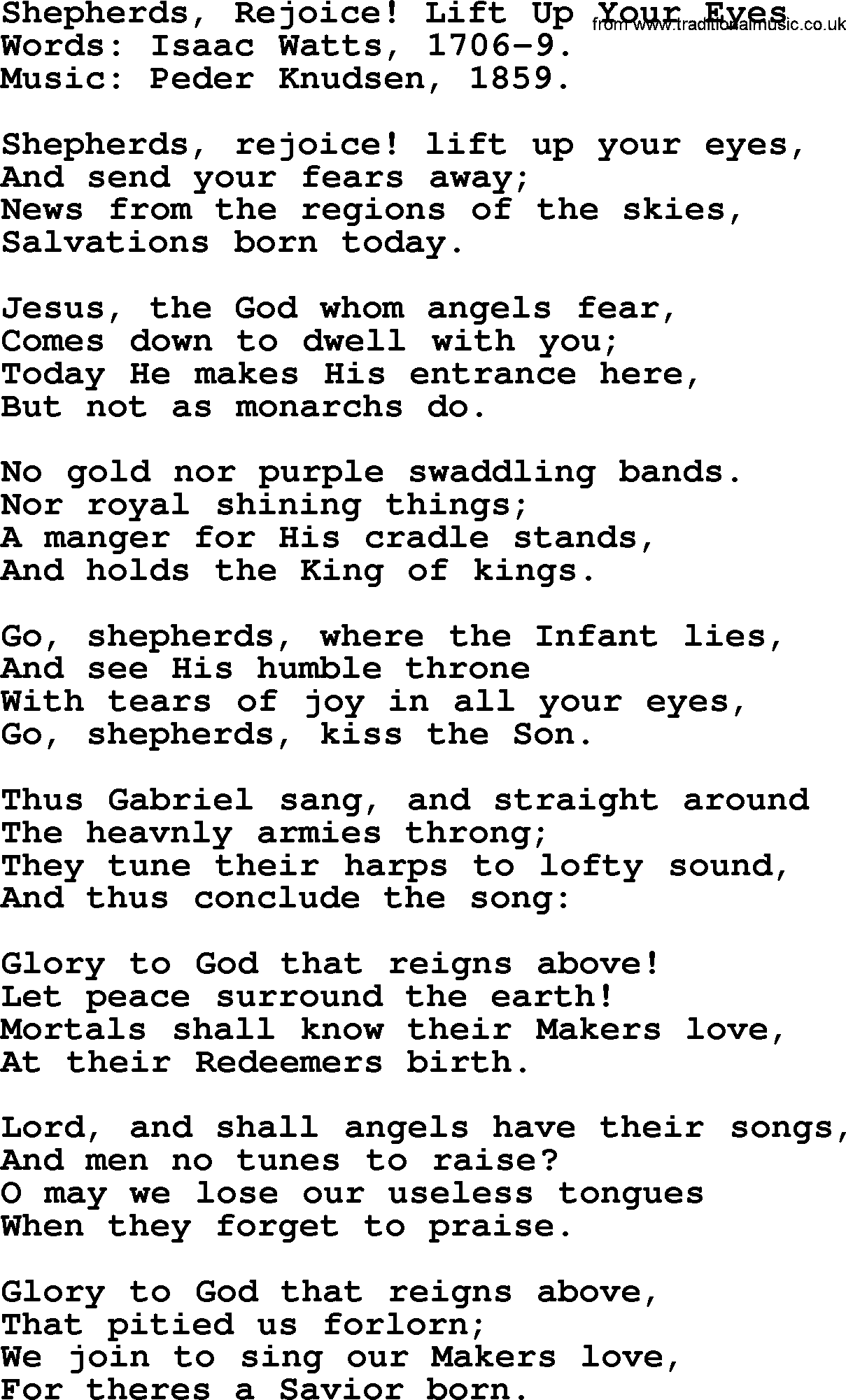 Isaac Watts Christian hymn: Shepherds, Rejoice! Lift Up Your Eyes- lyricss