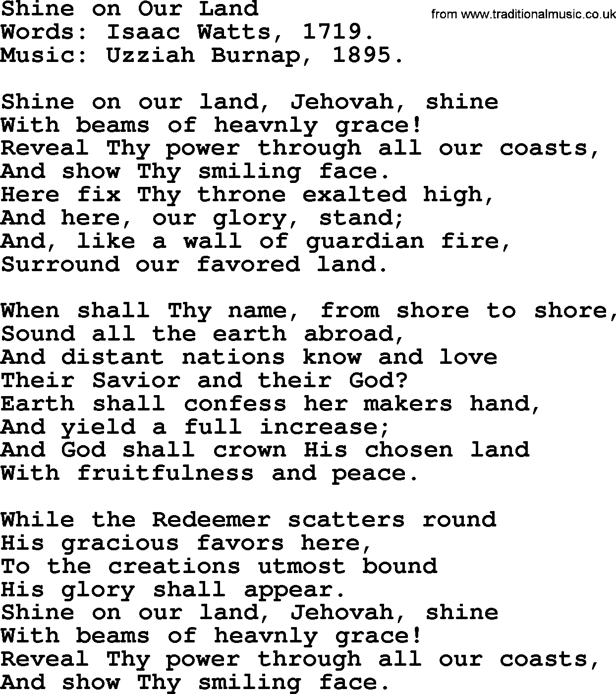 Isaac Watts Christian hymn: Shine on Our Land- lyricss