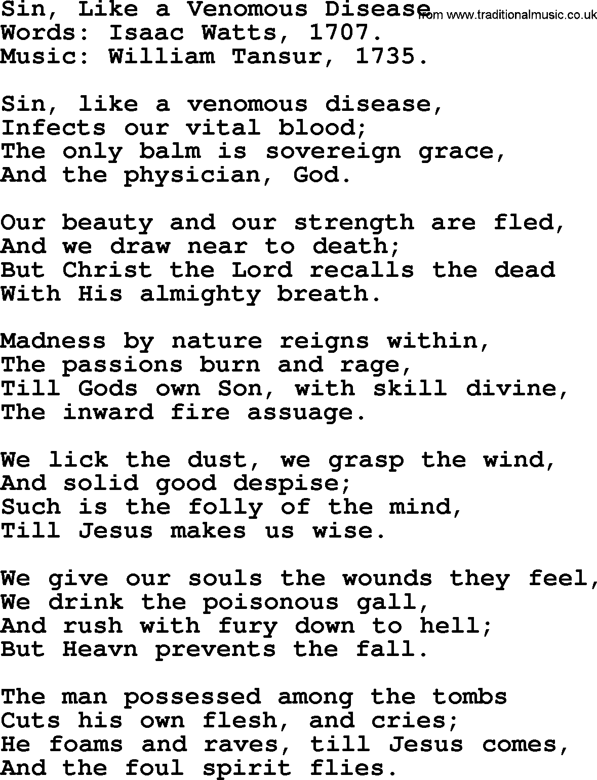 Isaac Watts Christian hymn: Sin, Like a Venomous Disease- lyricss
