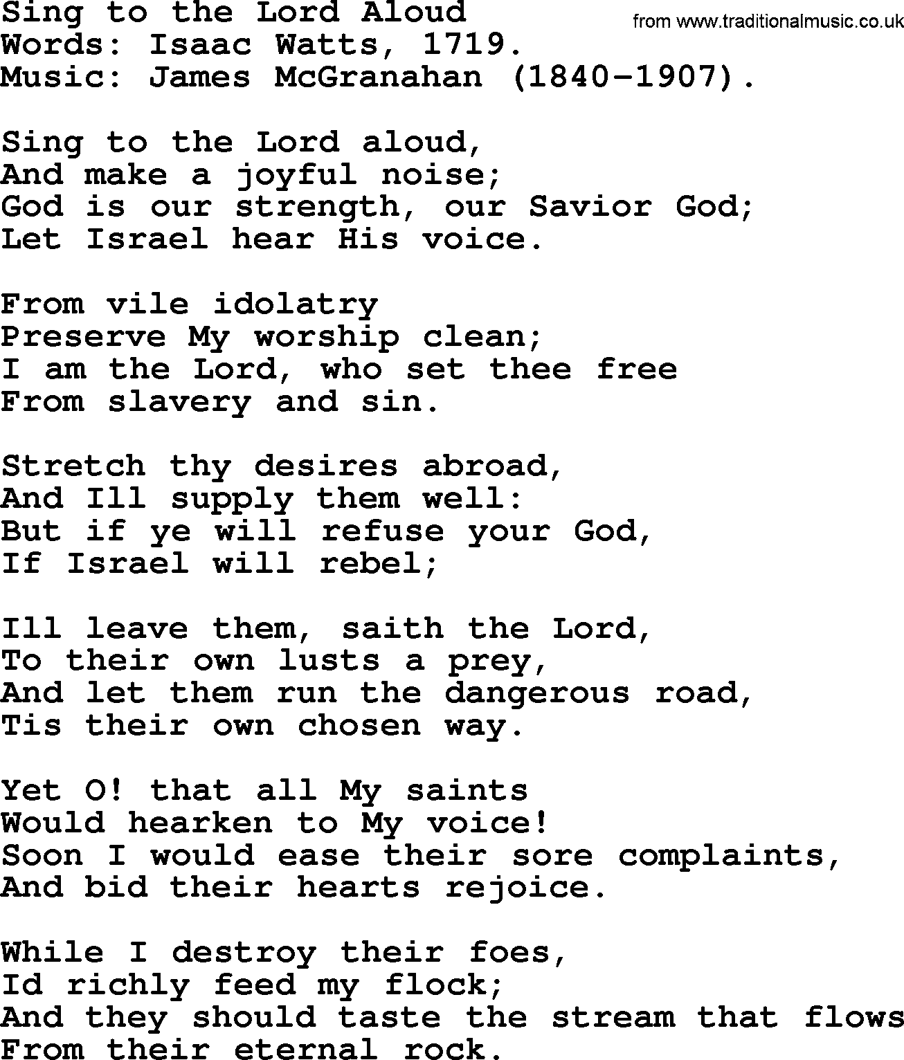 Isaac Watts Christian hymn: Sing to the Lord Aloud- lyricss