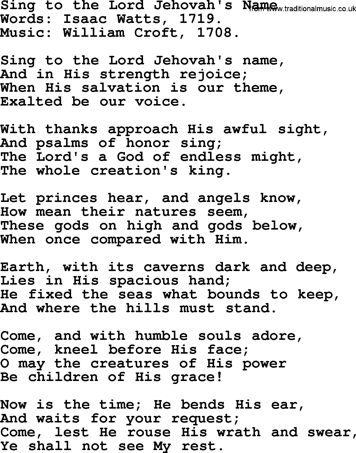 Isaac Watts Christian hymn: Sing to the Lord Jehovah's Name- lyricss