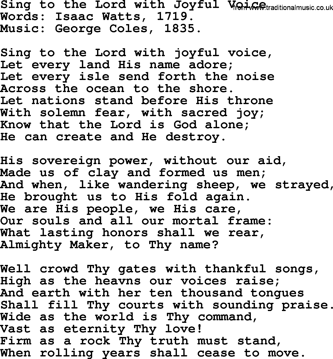 Isaac Watts Christian hymn: Sing to the Lord with Joyful Voice- lyricss