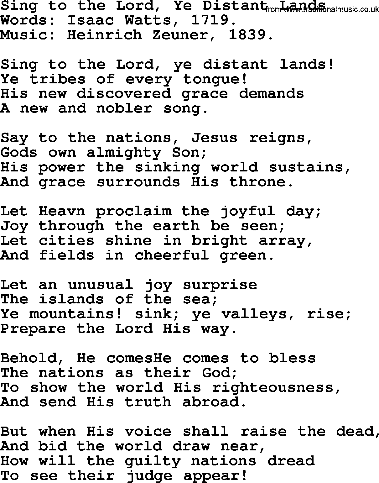 Isaac Watts Christian hymn: Sing to the Lord, Ye Distant Lands- lyricss