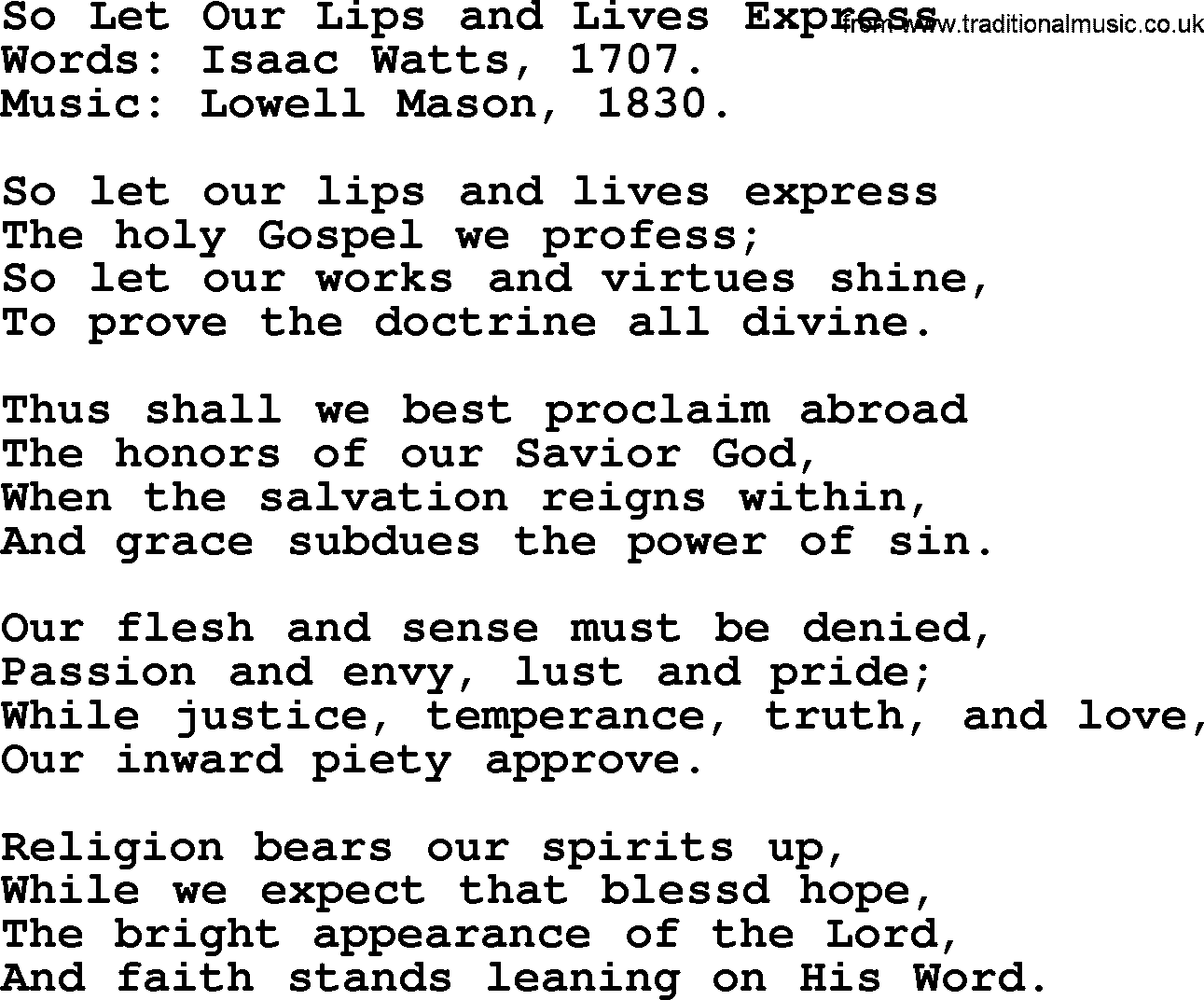 Isaac Watts Christian hymn: So Let Our Lips and Lives Express- lyricss