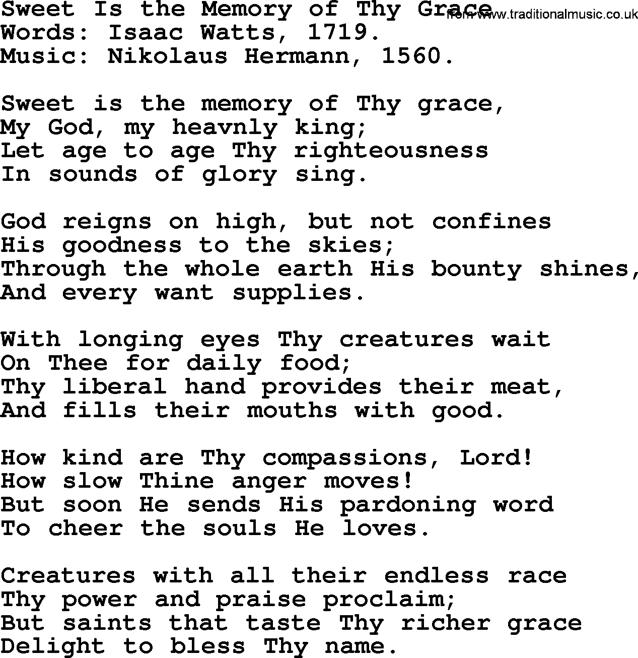 Isaac Watts Christian hymn: Sweet Is the Memory of Thy Grace- lyricss