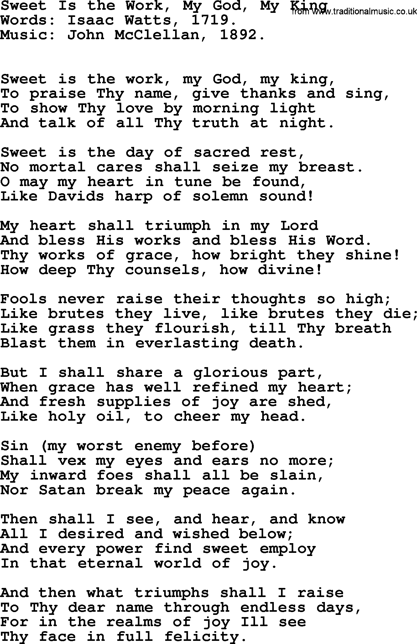 Isaac Watts Christian hymn: Sweet Is the Work, My God, My King- lyricss