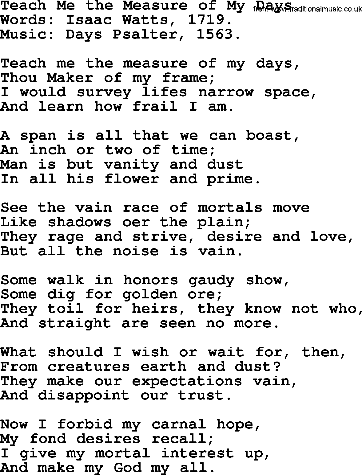 Isaac Watts Christian hymn: Teach Me the Measure of My Days- lyricss