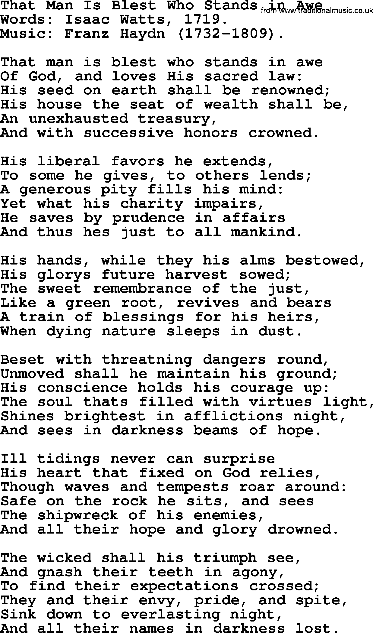 Isaac Watts Christian hymn: That Man Is Blest Who Stands in Awe- lyricss