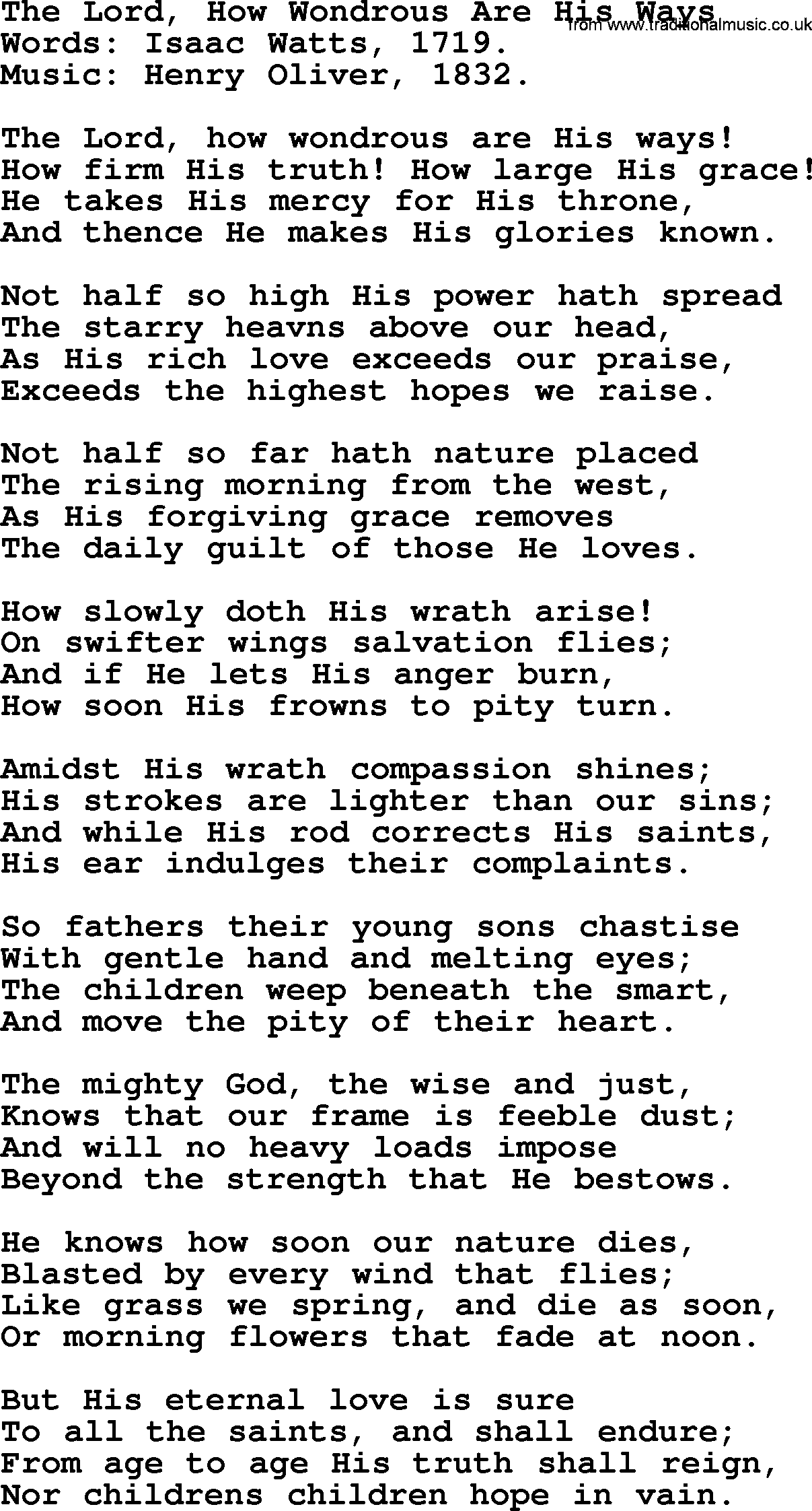 Isaac Watts Christian hymn: The Lord, How Wondrous Are His Ways- lyricss