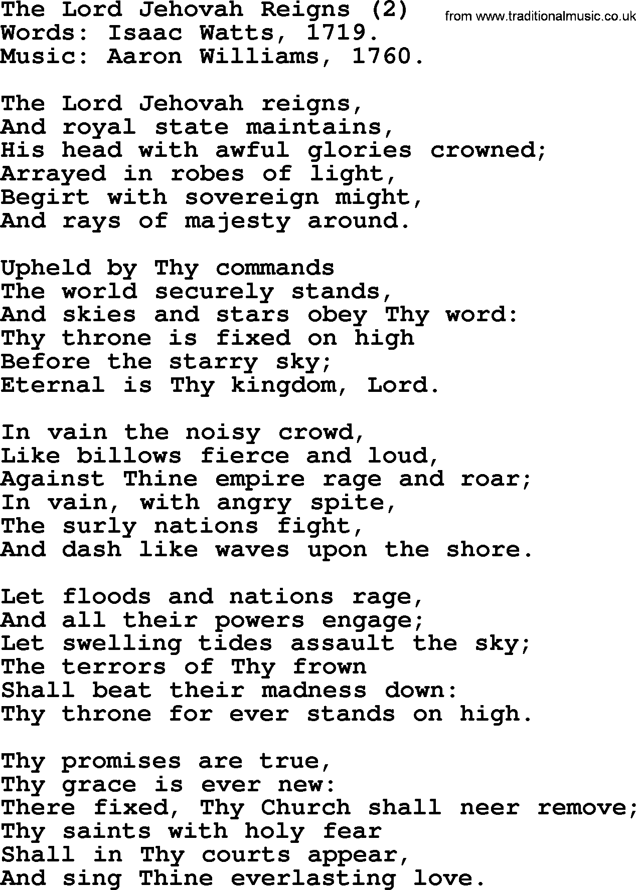 Isaac Watts Christian hymn: The Lord Jehovah Reigns (2)- lyricss