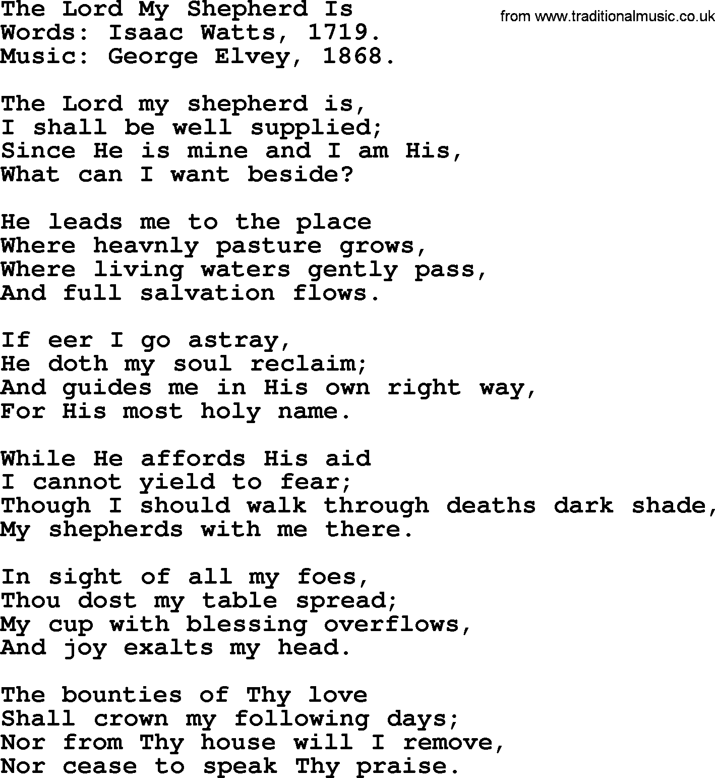 Isaac Watts Christian hymn: The Lord My Shepherd Is- lyricss