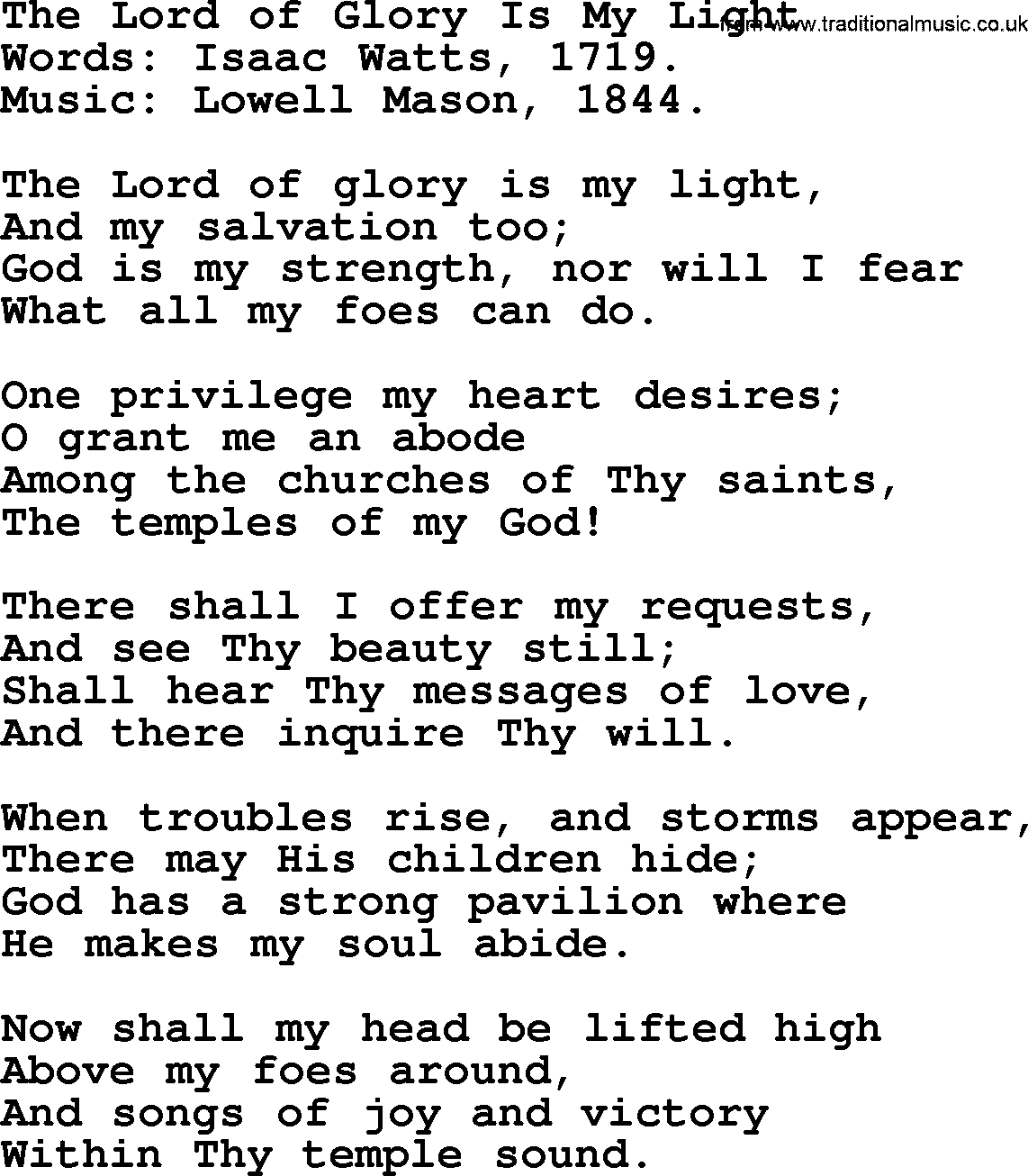 Isaac Watts Christian hymn: The Lord of Glory Is My Light- lyricss