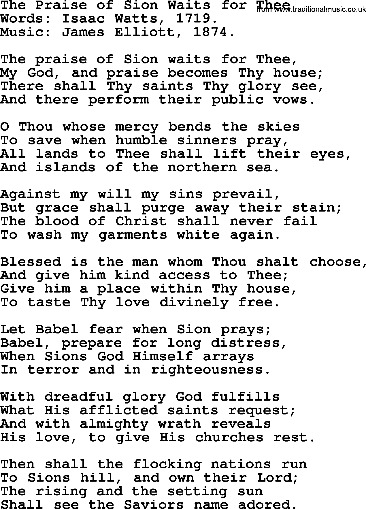 Isaac Watts Christian hymn: The Praise of Sion Waits for Thee- lyricss