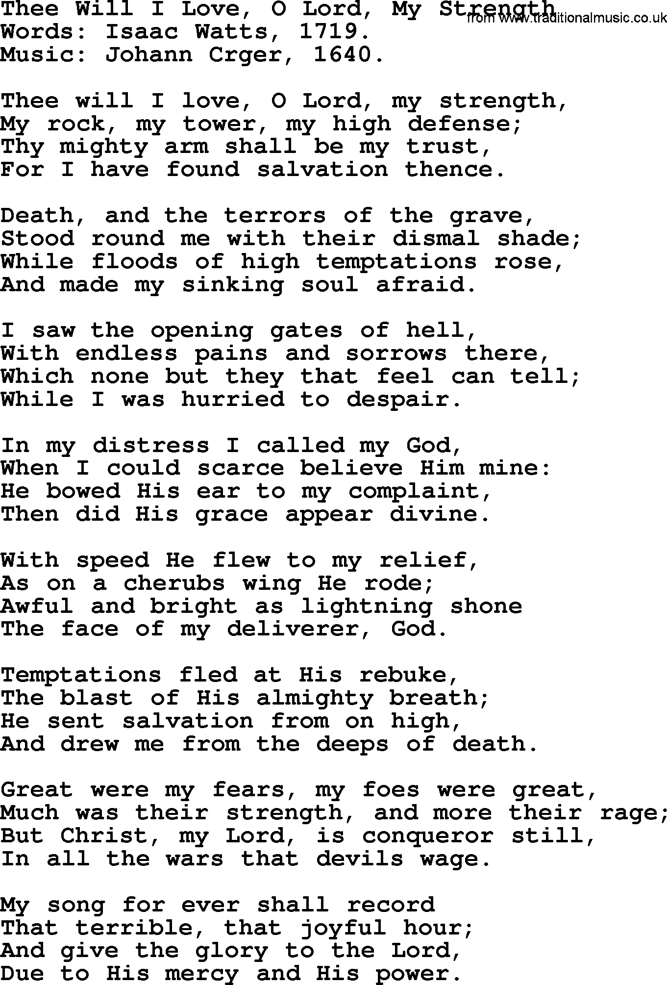Isaac Watts Christian hymn: Thee Will I Love, O Lord, My Strength- lyricss