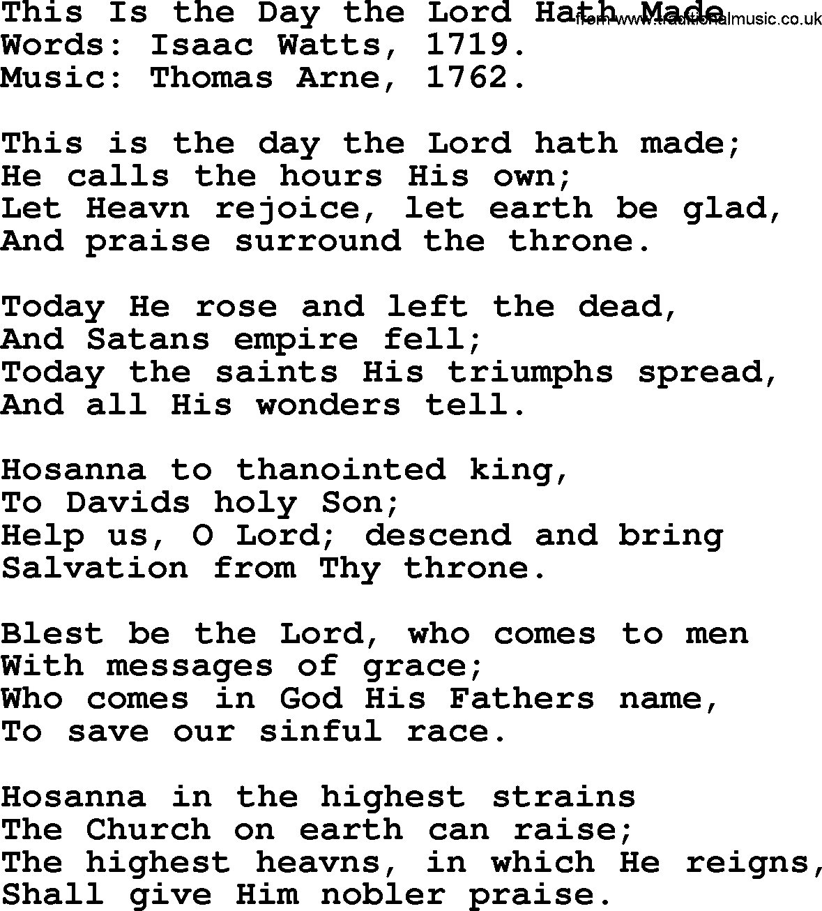 Isaac Watts Christian hymn: This Is the Day the Lord Hath Made- lyricss