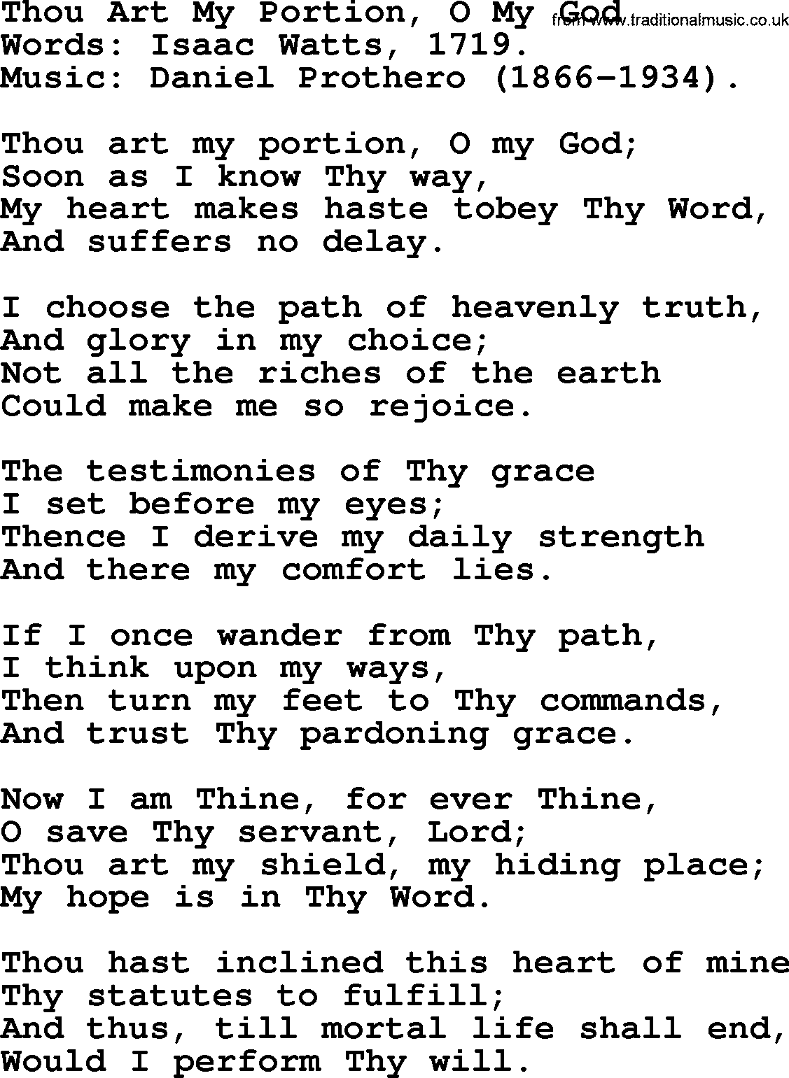 Isaac Watts Christian hymn: Thou Art My Portion, O My God- lyricss