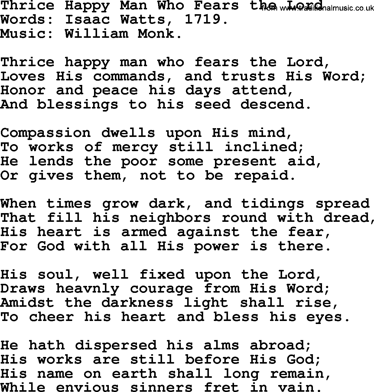 Isaac Watts Christian hymn: Thrice Happy Man Who Fears the Lord- lyricss