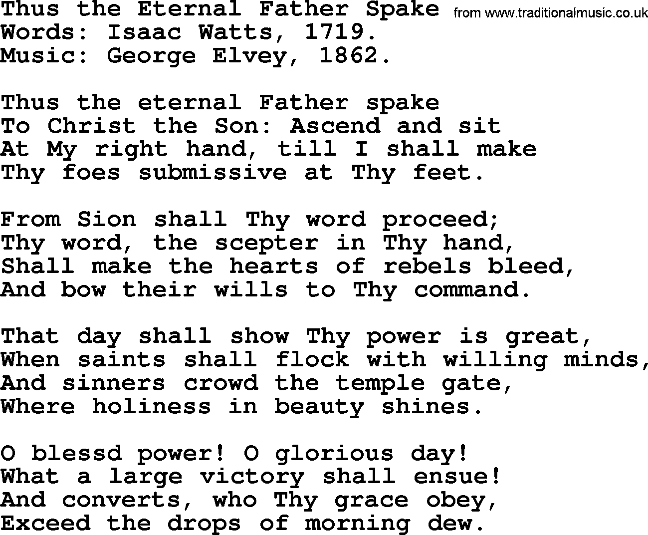 Isaac Watts Christian hymn: Thus the Eternal Father Spake- lyricss