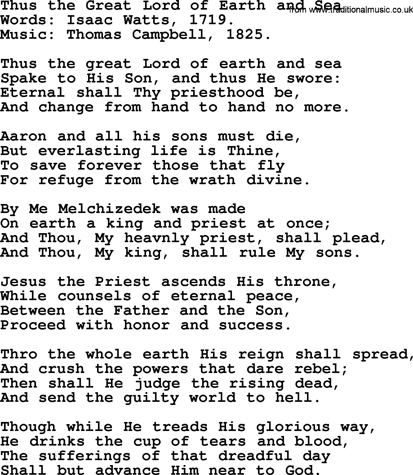 Isaac Watts Christian hymn: Thus the Great Lord of Earth and Sea- lyricss