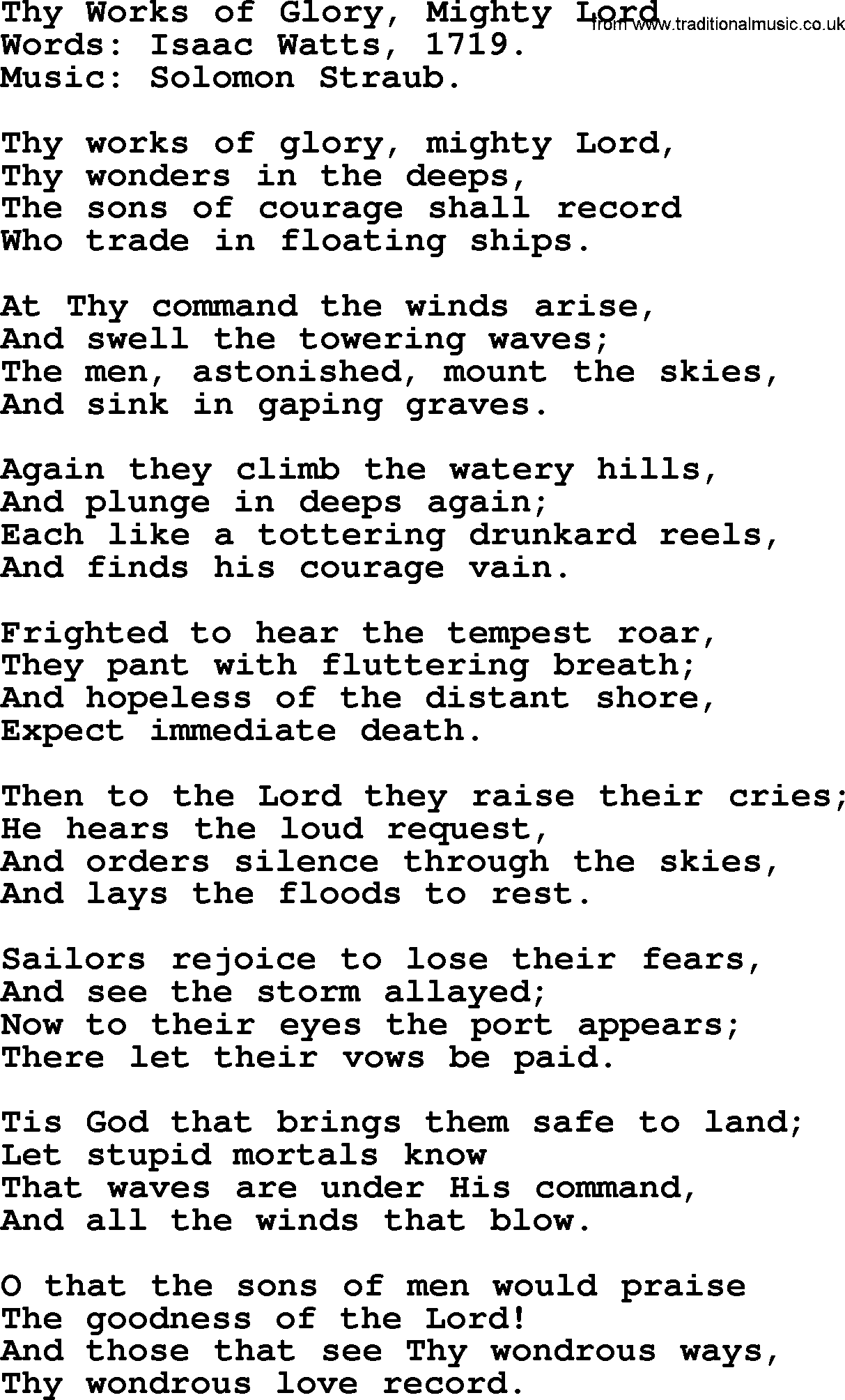 Isaac Watts Christian hymn: Thy Works of Glory, Mighty Lord- lyricss