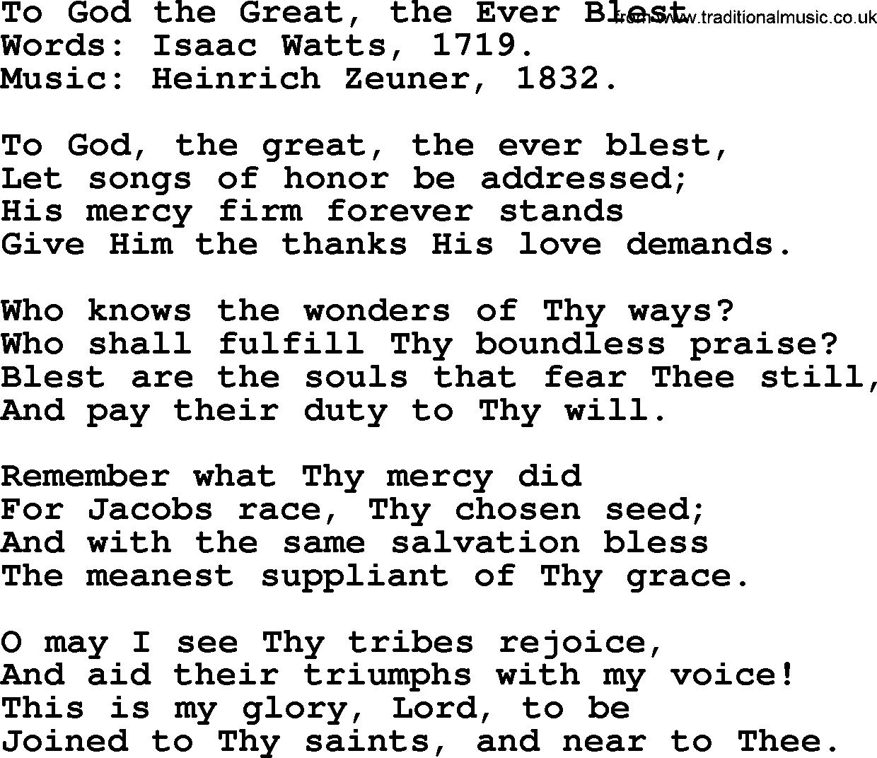 Isaac Watts Christian hymn: To God the Great, the Ever Blest- lyricss