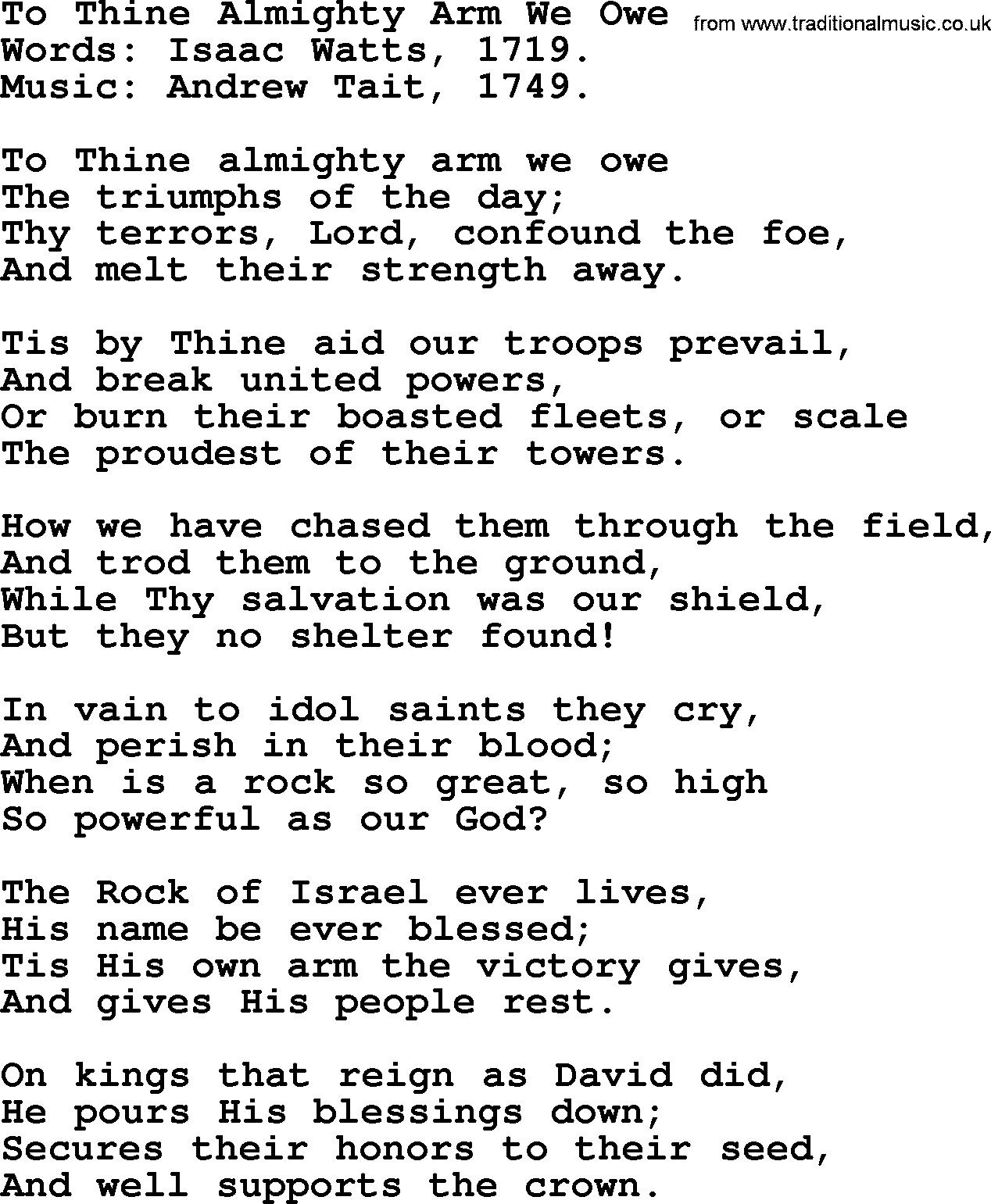 Isaac Watts Christian hymn: To Thine Almighty Arm We Owe- lyricss