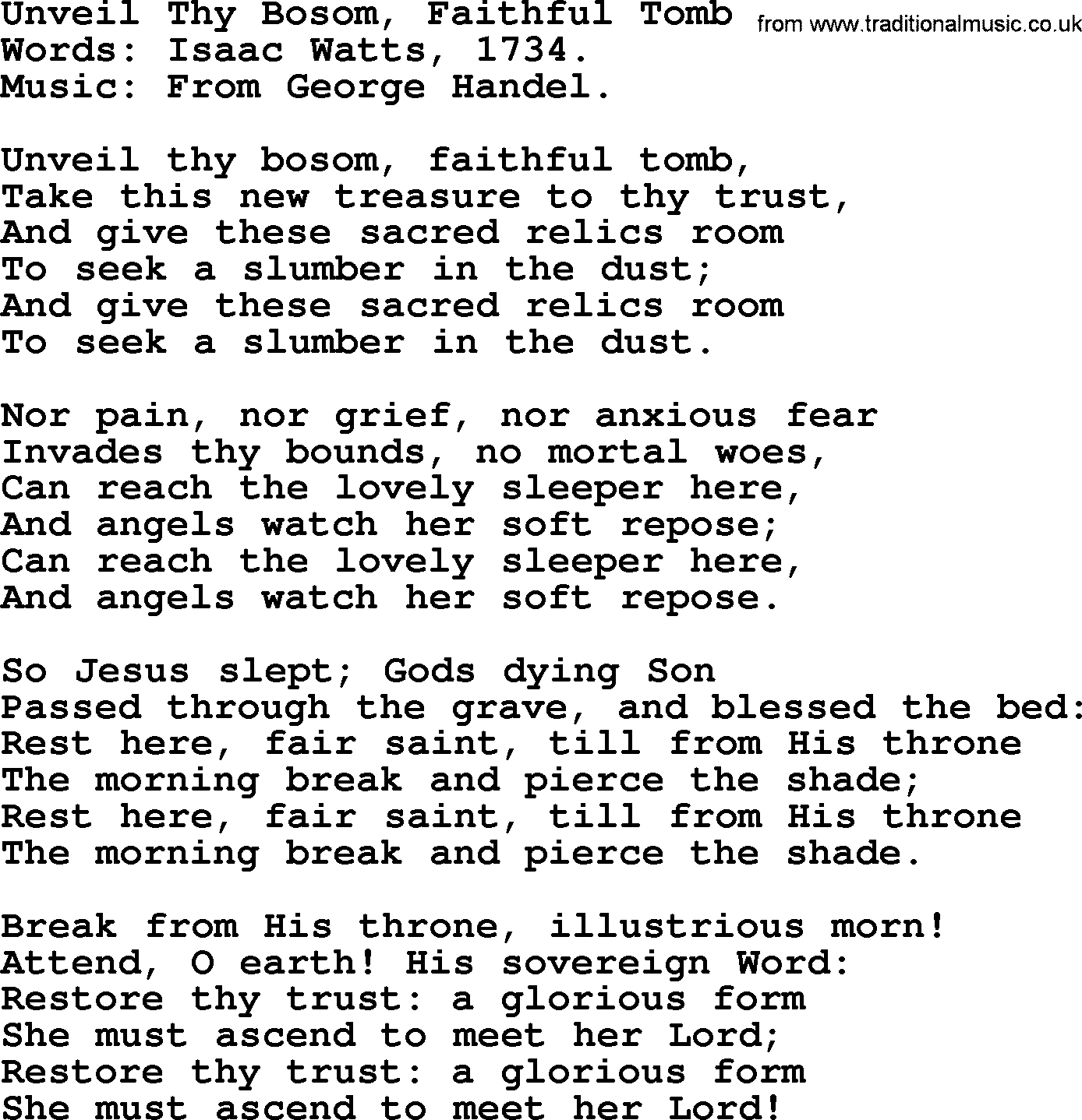 Isaac Watts Christian hymn: Unveil Thy Bosom, Faithful Tomb- lyricss