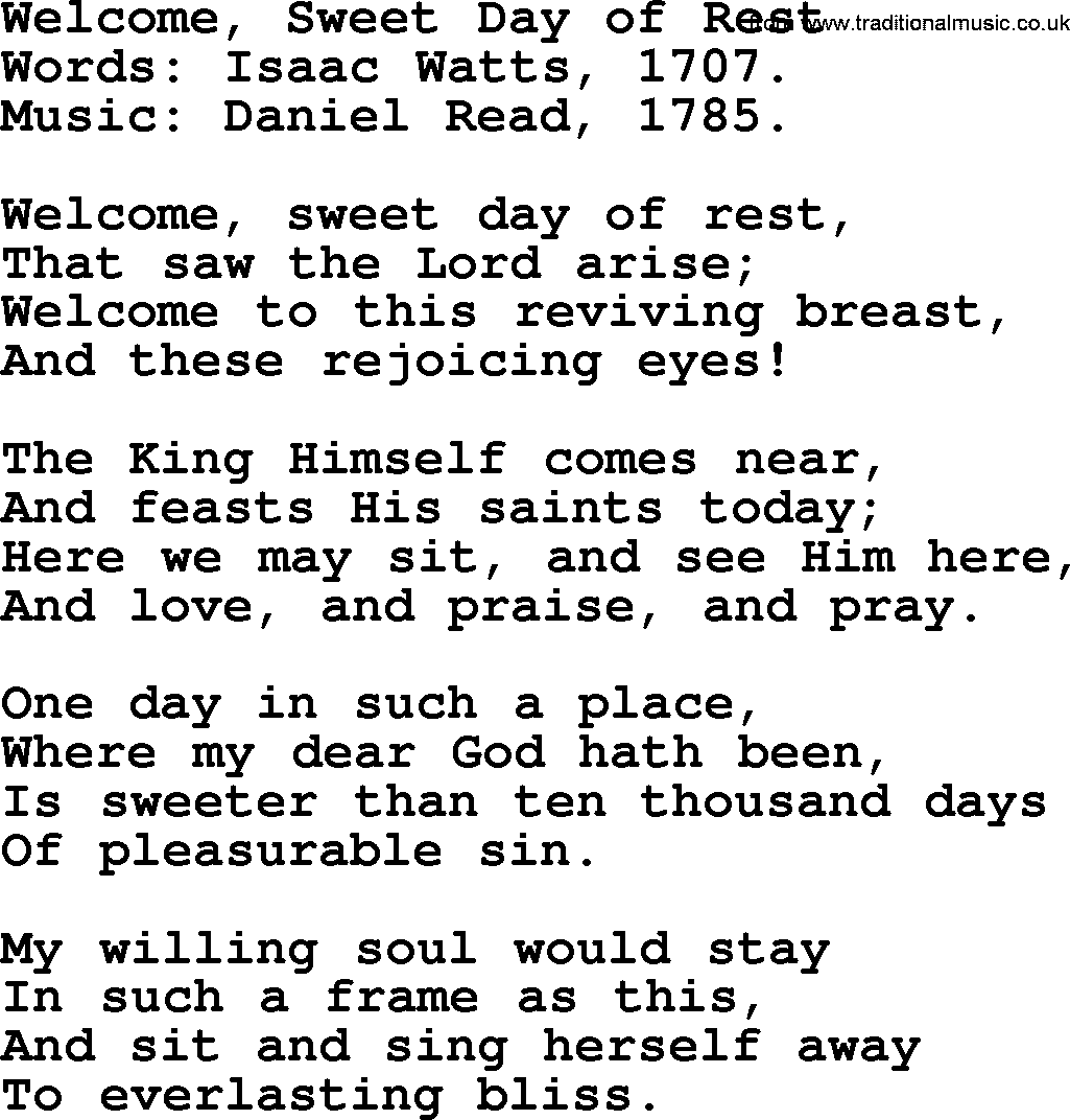 Isaac Watts Christian hymn: Welcome, Sweet Day of Rest- lyricss
